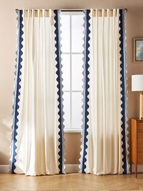 FOUR Anthropologie Maeve Scalloped Curtain Panels Cotton 84"H x 50"W